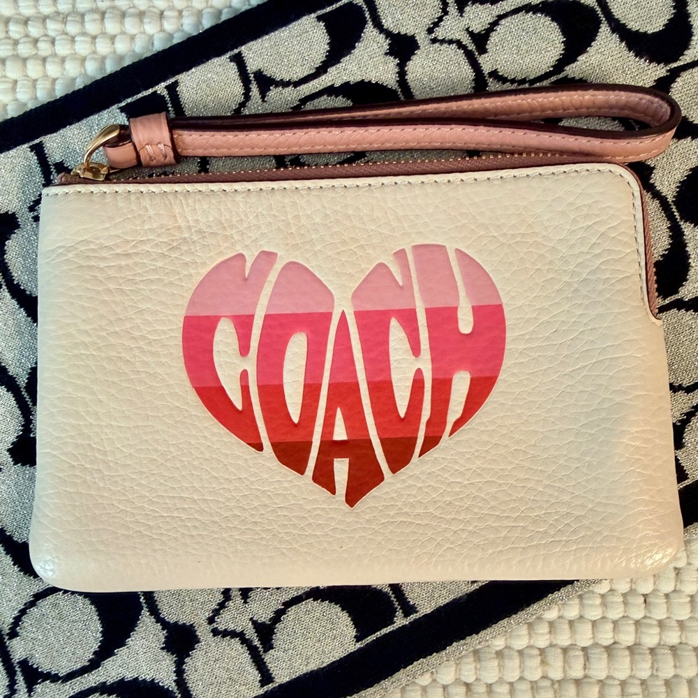 Coach Cream and Pink Heart Wristlet